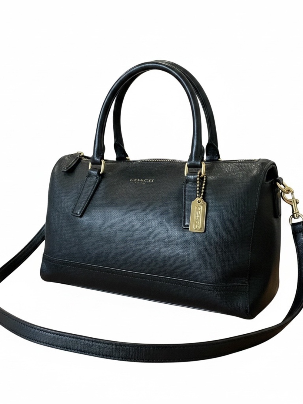 Coach Black Leather Satchel with Gold-Tone Hardware and Detachable Strap